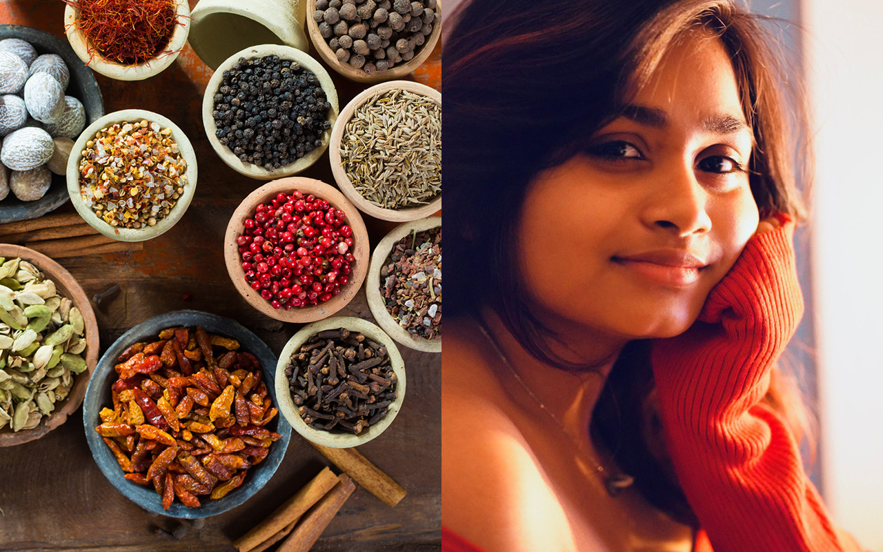 Geteiltes Bild: Links Gewürze, rechts das Portrait einer jungen Frau