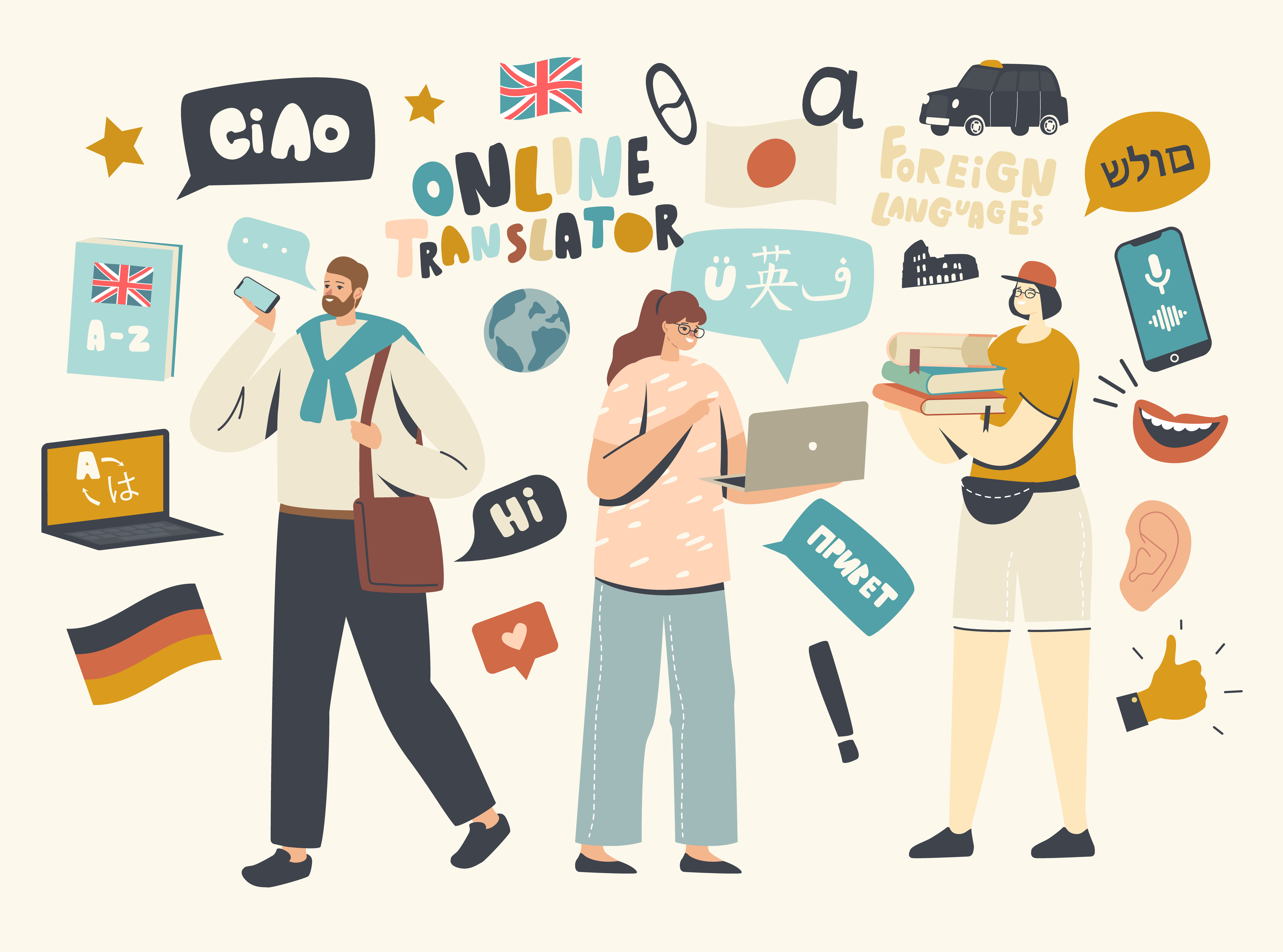 Online Translator and Translation Service Concept. Male and Fema eine Grafik mit Figuren und Zeichen zum Thema Sprachenlernen