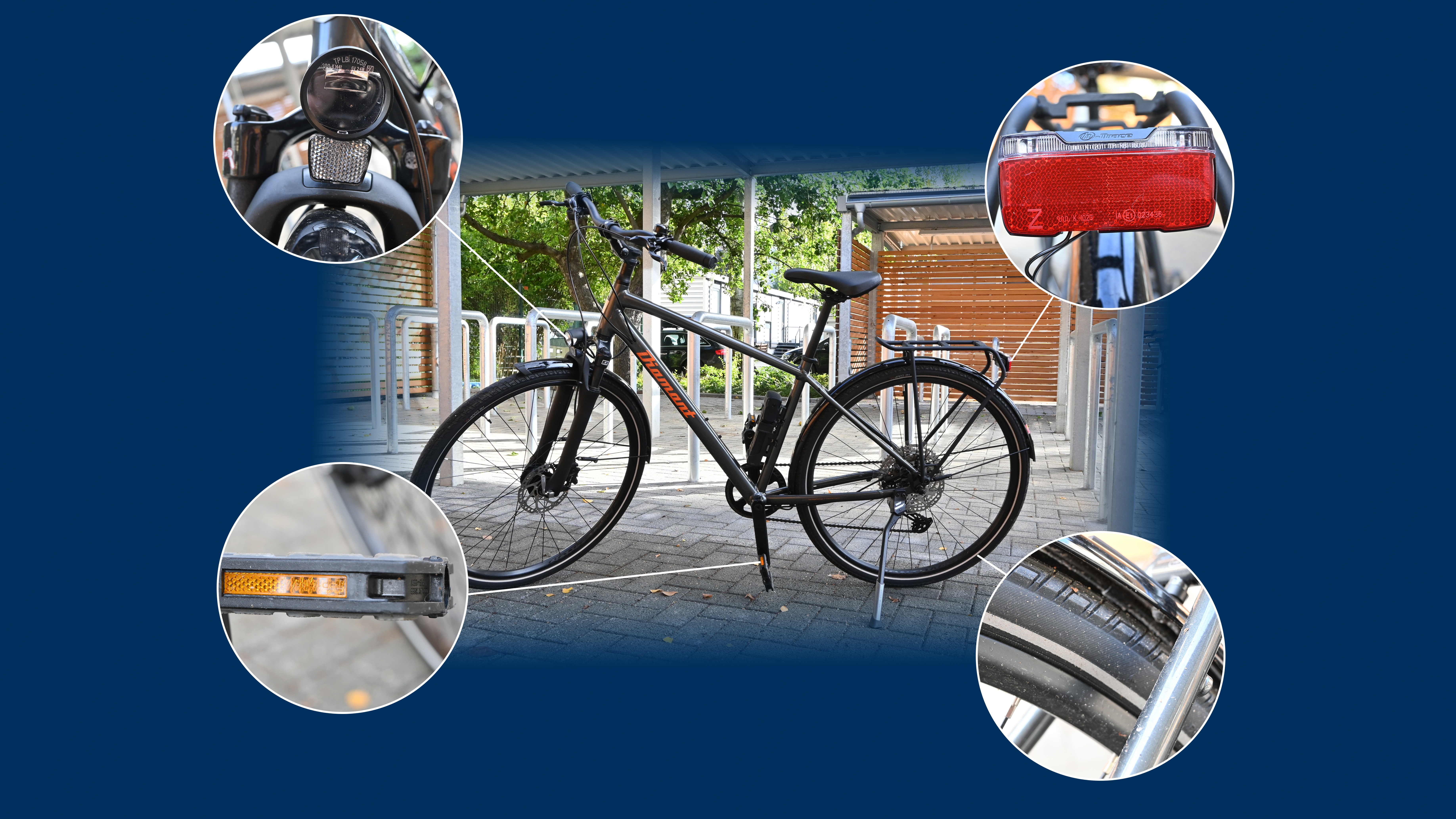 Bild von einem Fahrrad. Die wichtigen Elemente für die Sichtbarkeit sind hervorgehoben.