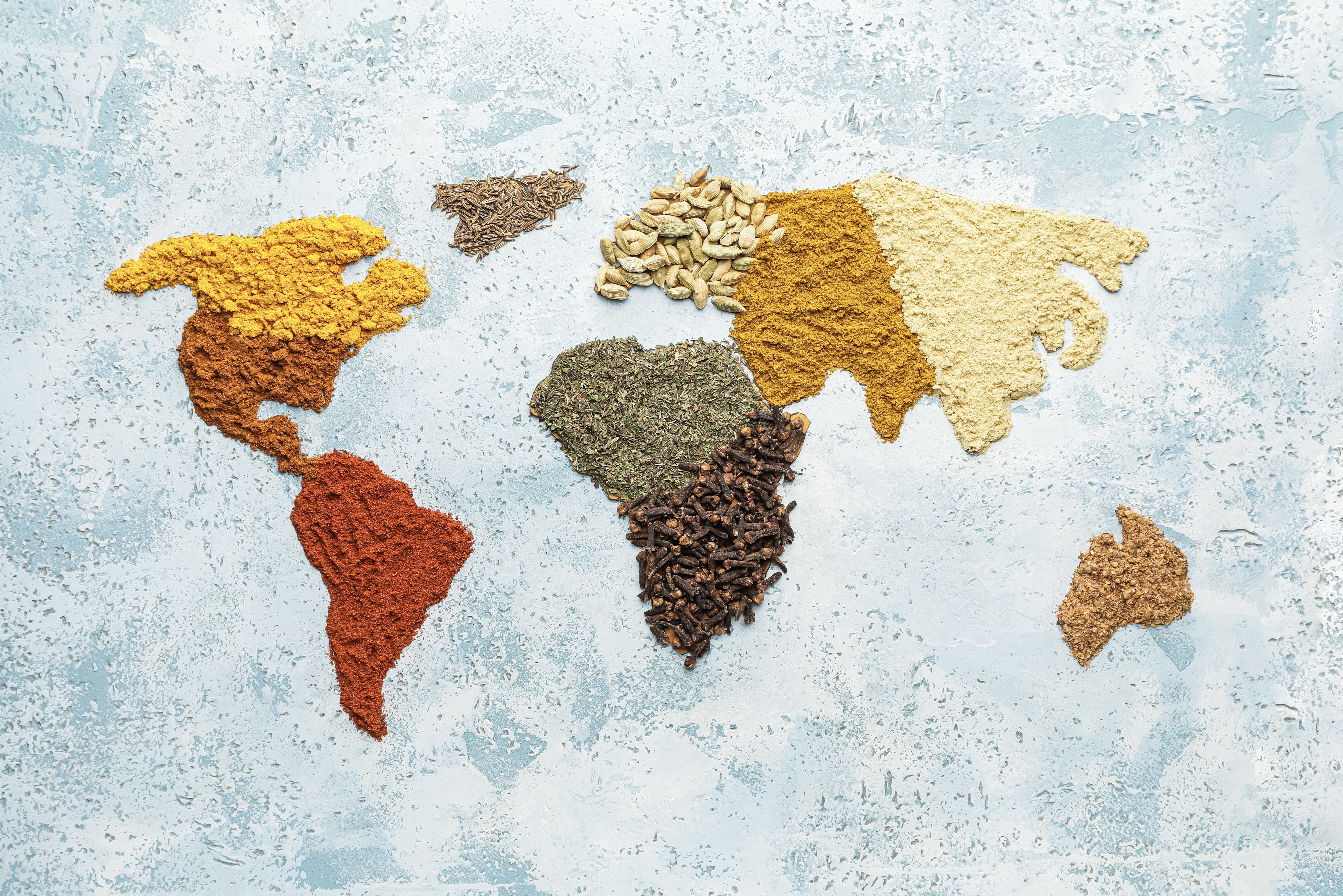 World map made of spices on light blue background with space for text Umrisse der Kontinente dargestellt mit Gewürzen