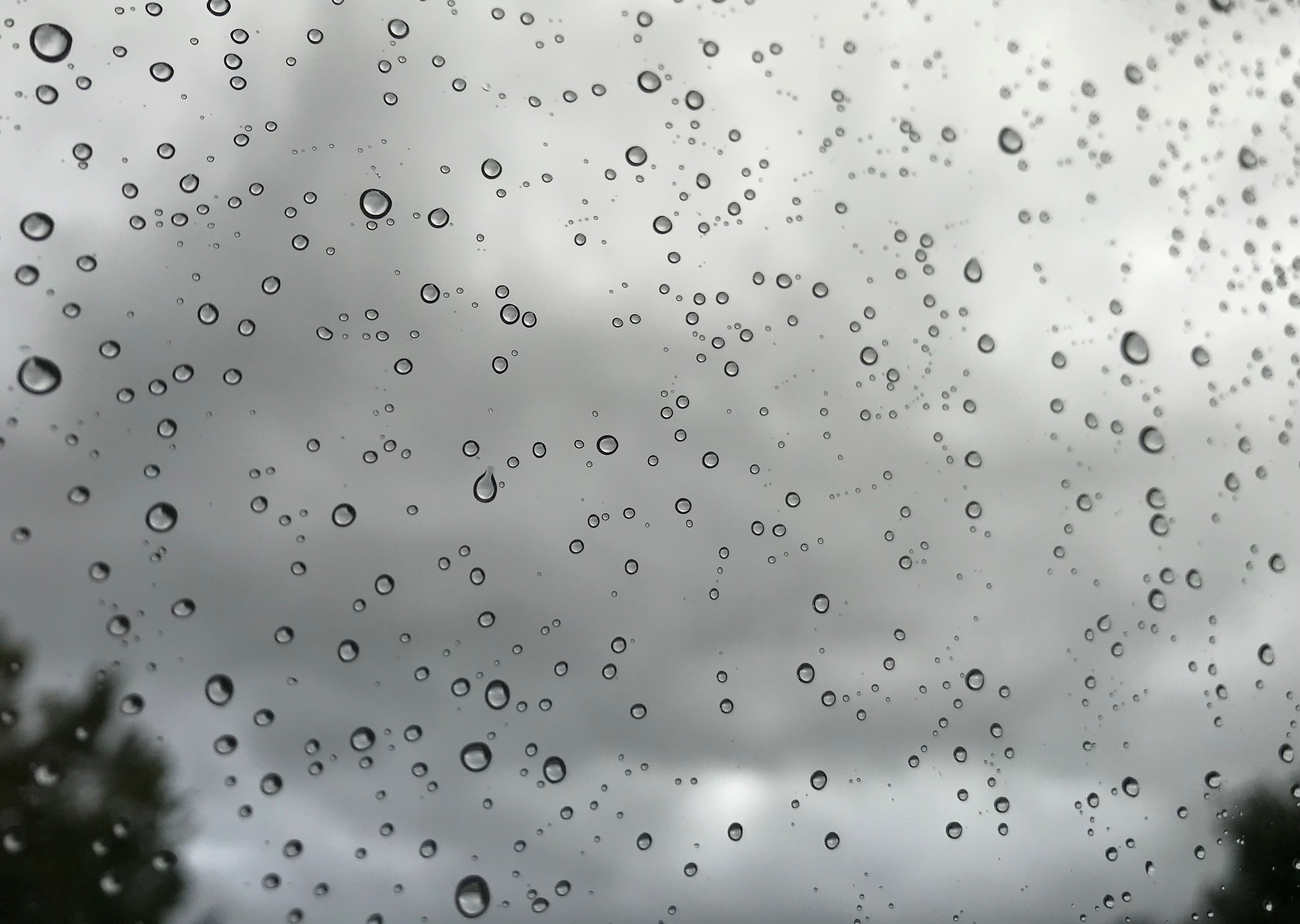 Blick durch eine Fensterscheibe in den verregneten Himmel über Kiel