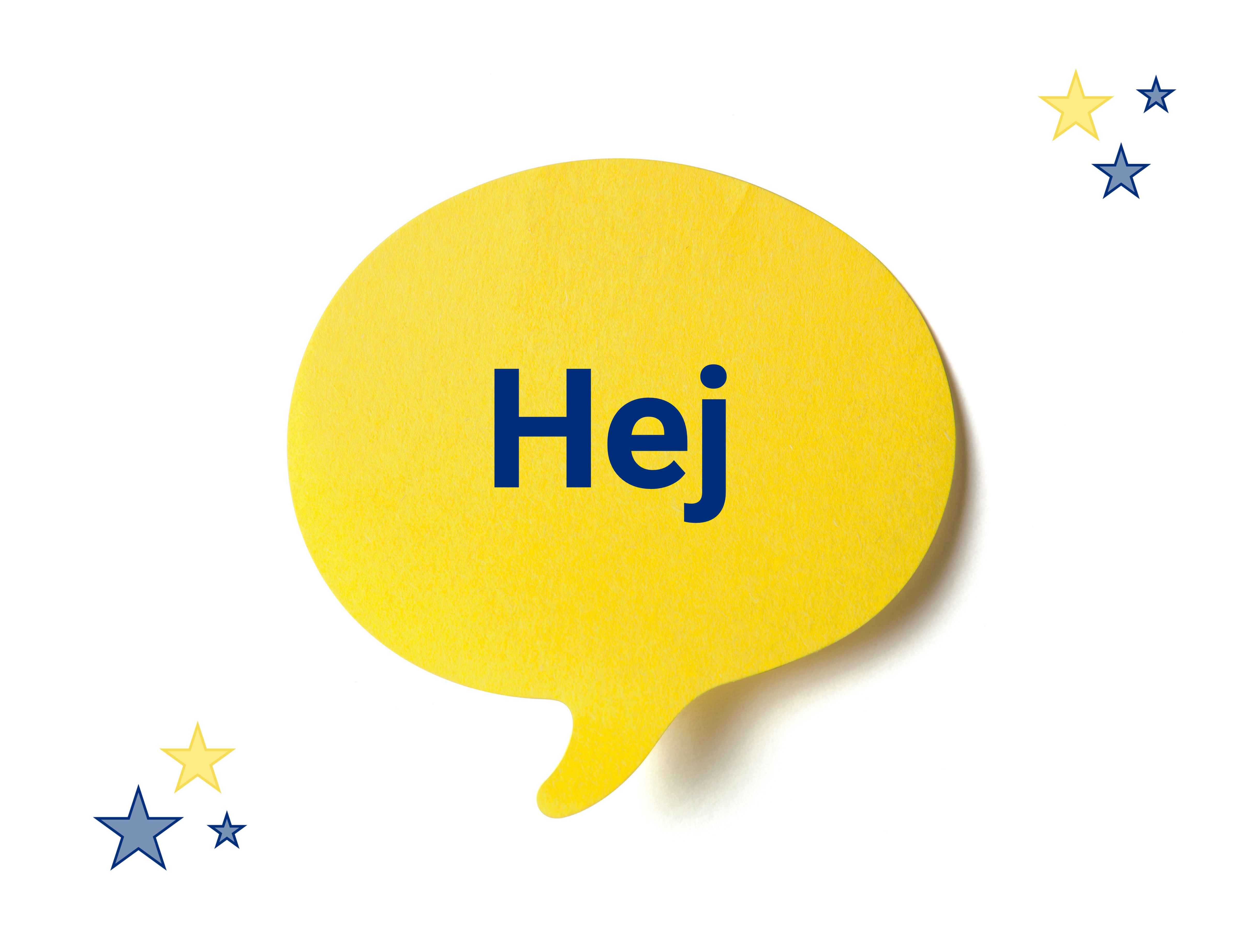 Yellow speech bubble eine gelbe Sprechblase mit dem Wort Hej darin, drumherum Sterne