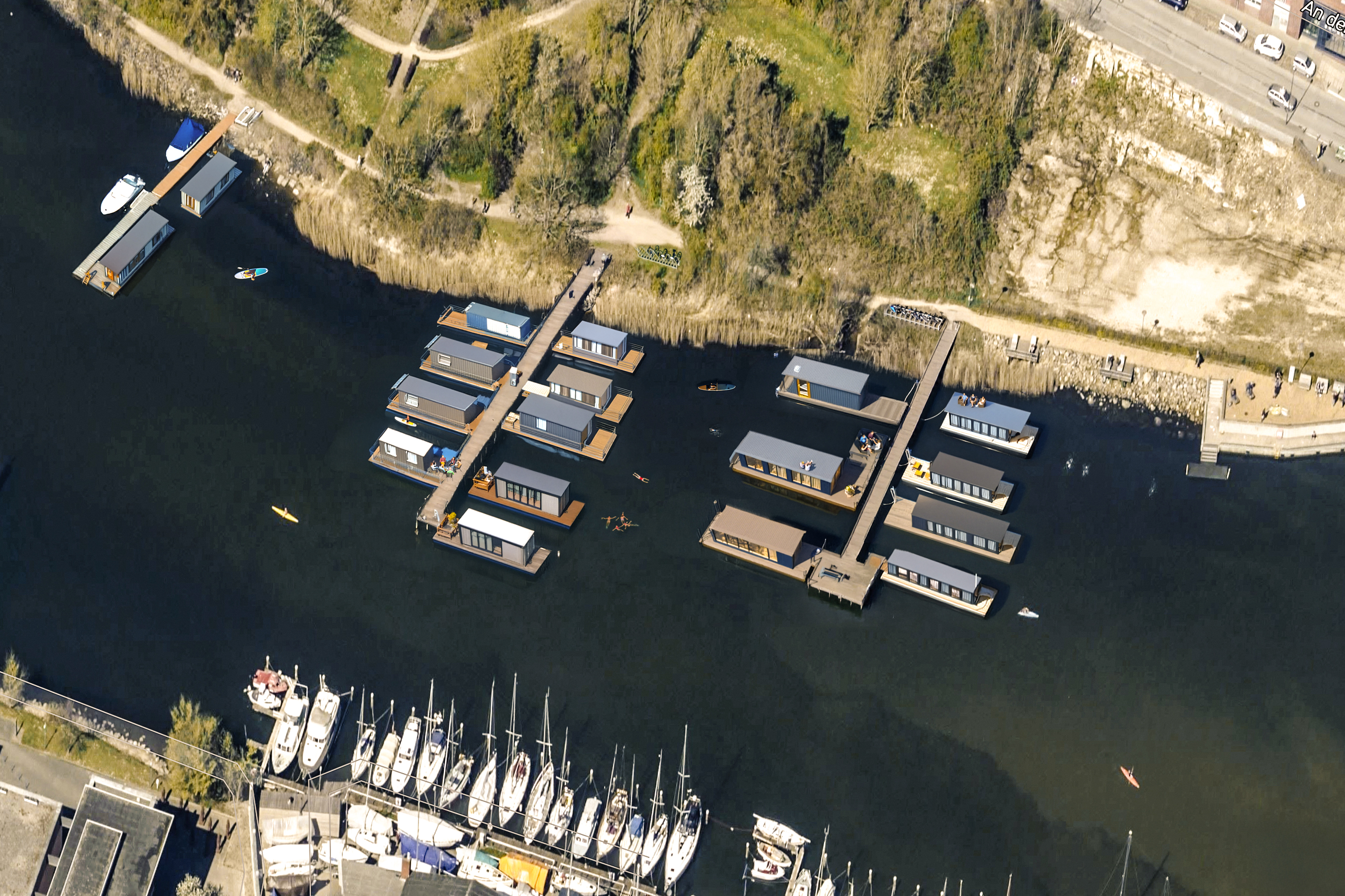 So könnte die Hausbootsiedlung auf der Schwentine aussehen.