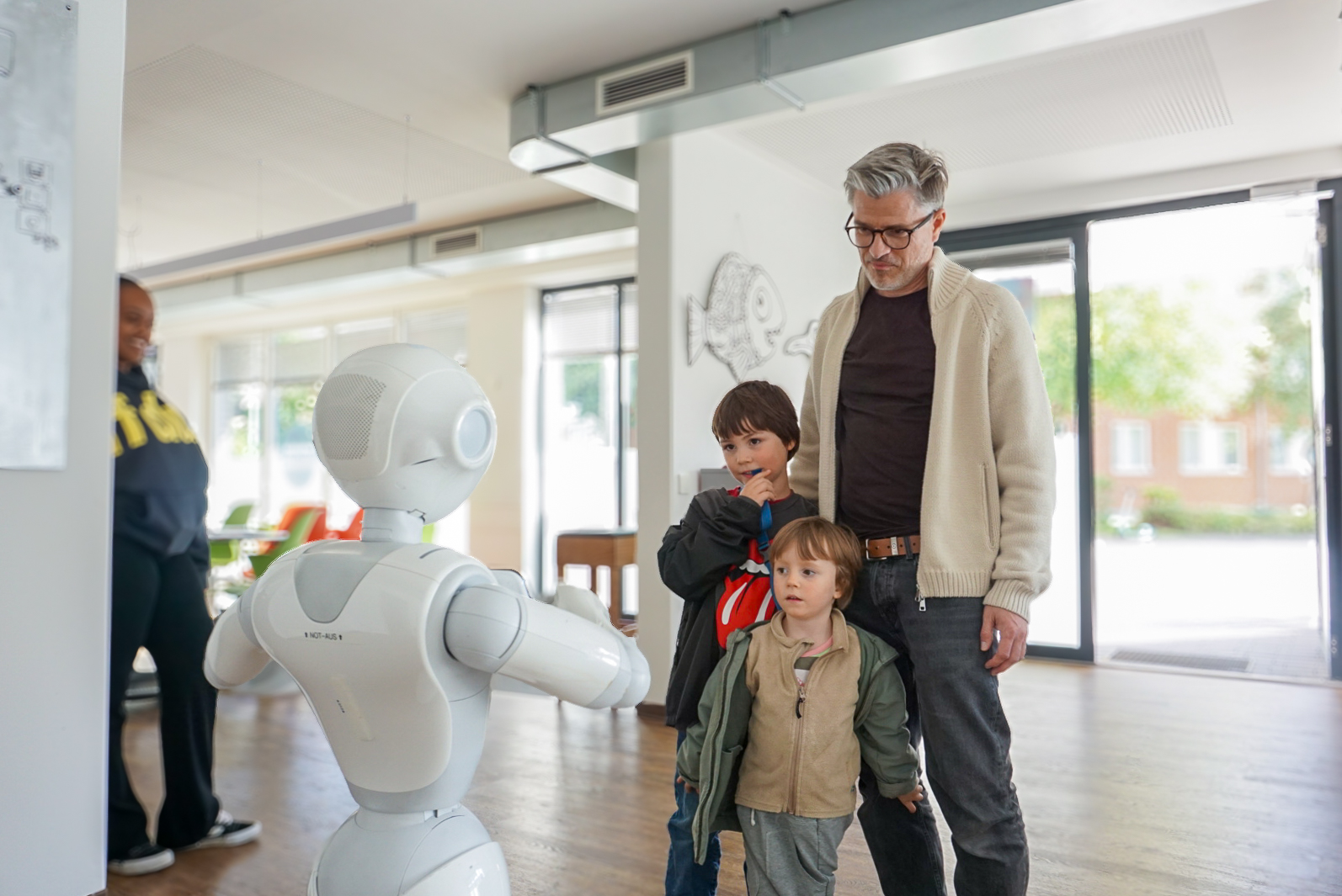Ein Vater mit seinen Söhnen schauen sich ein Roboter an.