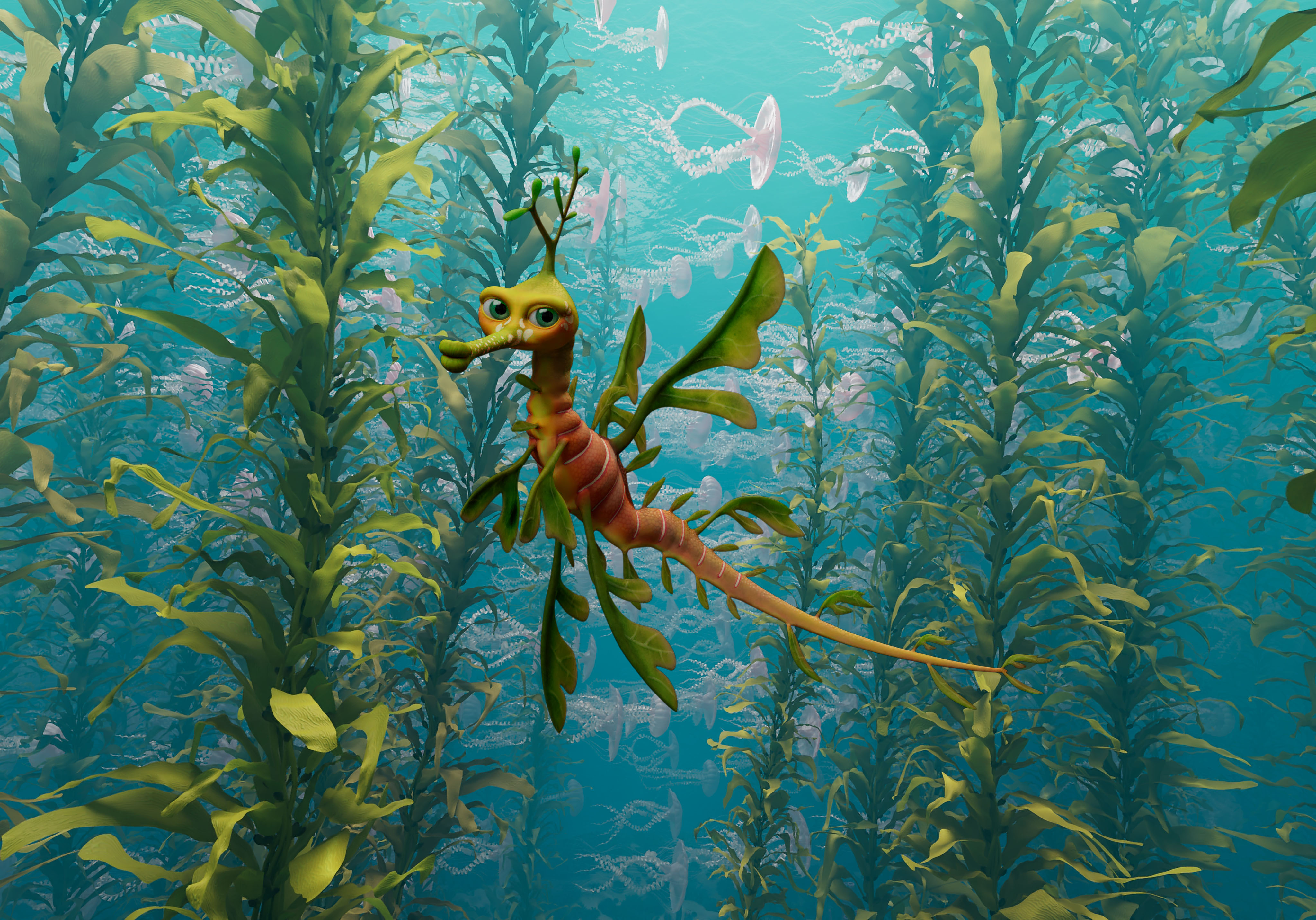 Ein animiertes Seepferdchen unter Wasser