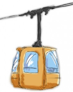 Die Grafik illustreiert einen gelben Seilbahnwagon.