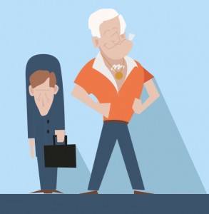 Die Grafik illustriert zwei Männer, einen gut gelaunten, der im Rampenlicht steht und einen niedergeschlagenen dahinter.