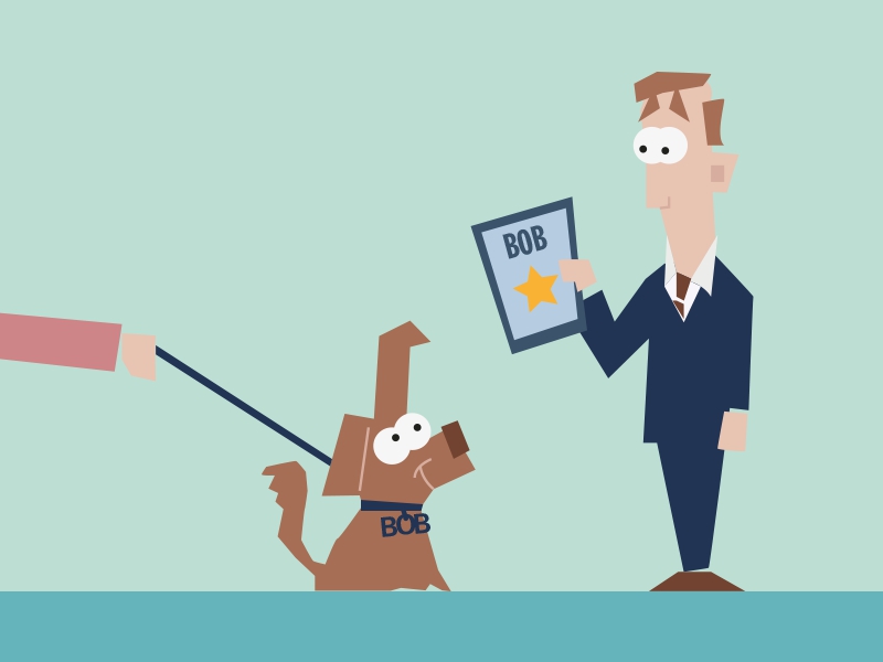 Die Grafik illustriert einen an der Leine gehaltenen Hund namens "Bob" und einen Mann, der eine Auszeichnung für "Bob" bereithält.