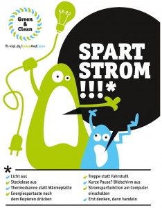 Die Grafik von "Green and Clean" sagt, dass wir Strom sparen sollen.