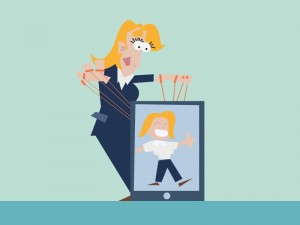 Die Grafik illustriert eine blonde Frau in Hosenanzug, die ein iPad an den Strippen zieht.