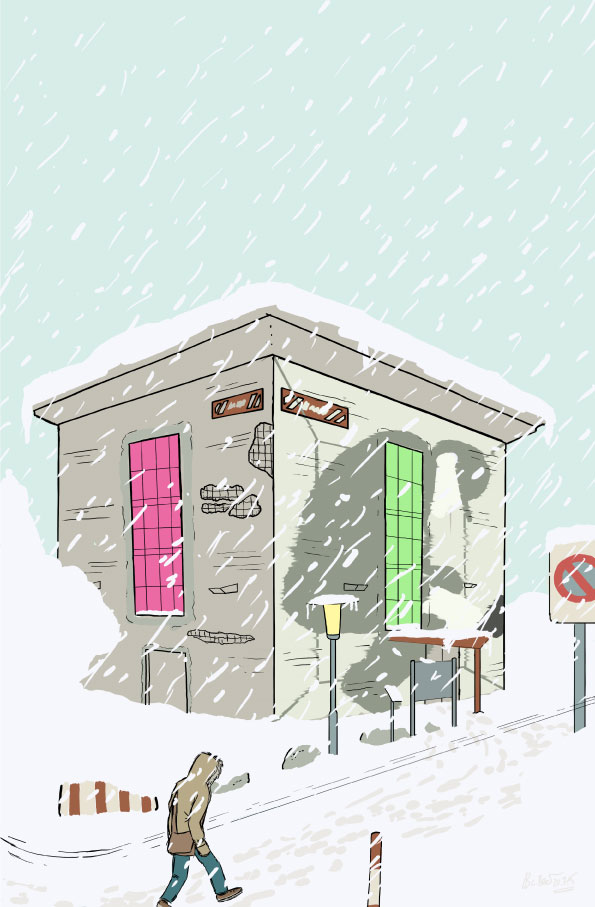 Die Illustration zeigt den eingeschneiten Bunker-D der FH Kiel.