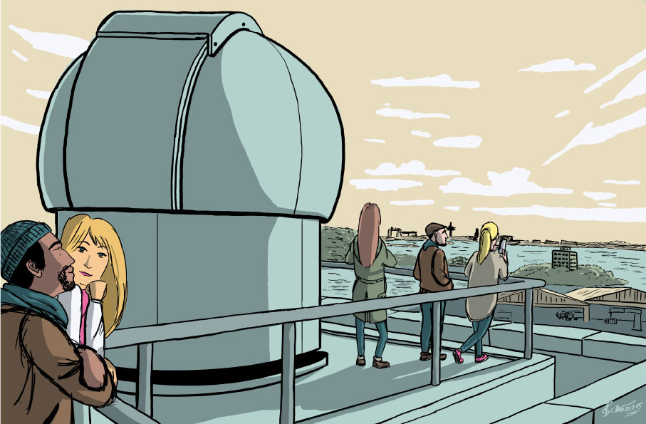 Die Illustration zeigt Personen, die sich auf dem Dach eines Gebäudes befinden.