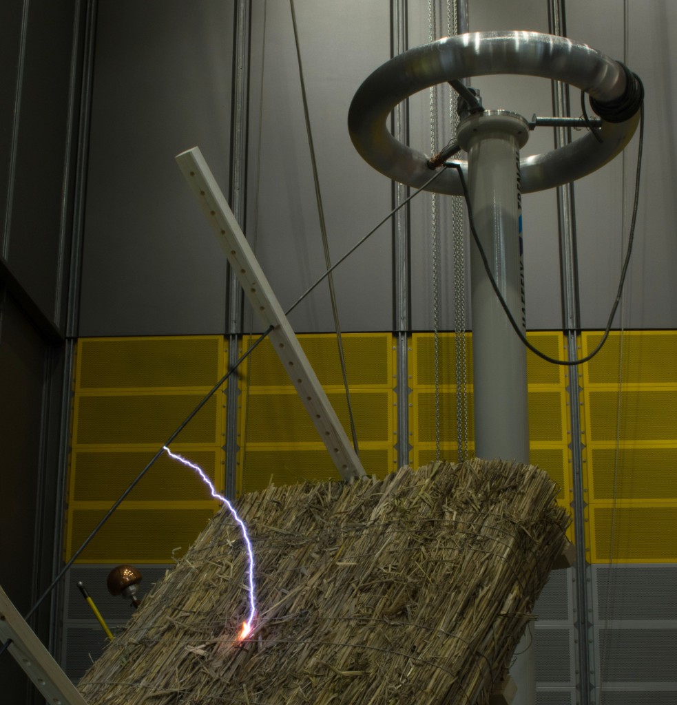 Ein Heuballen befindet sich in einem Blitzableiter.