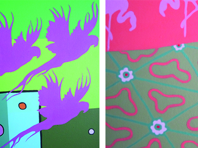 Ein Ausschnitt aus einem Bild, auf dem Vögel und Blüten zu sehen sind.