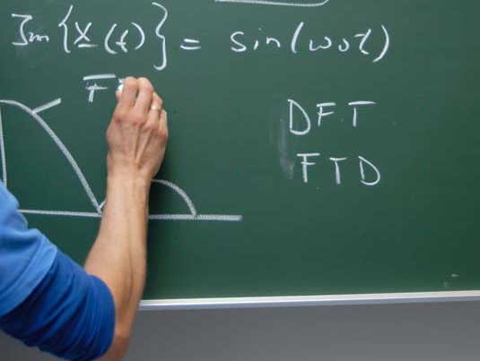 Eine Hand schreibt an eine Kreidetafel mathematische Formeln.