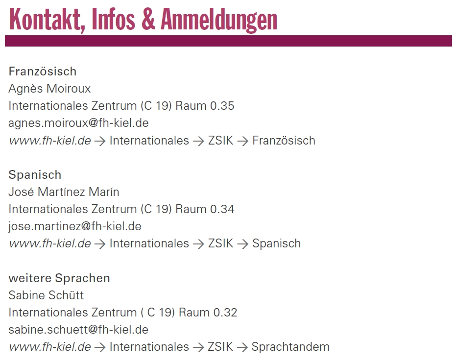 Der Screenhot zeigt die Informationen zu "Kontakt, Infos & Anmeldungen".