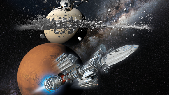 Rakete im Vordergrund, Mars und Saturn im Hintergrund