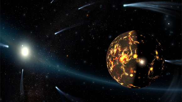 Erde vor langer Zeitl, als sie naoch ein heißer Planet war und kein Leben hatte