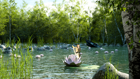 Frau mit Harfe spielt auf dem Fluss