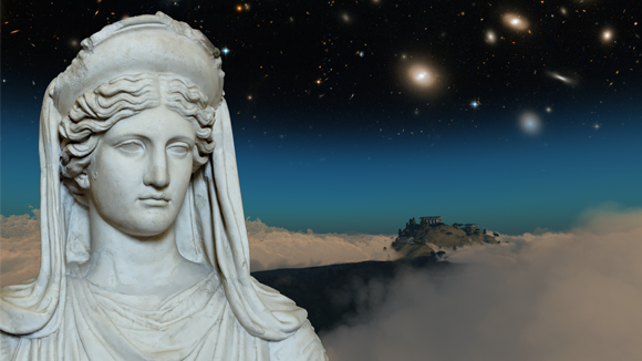 Götterstatur im Vordergrund, Galaxien im Hintergrund