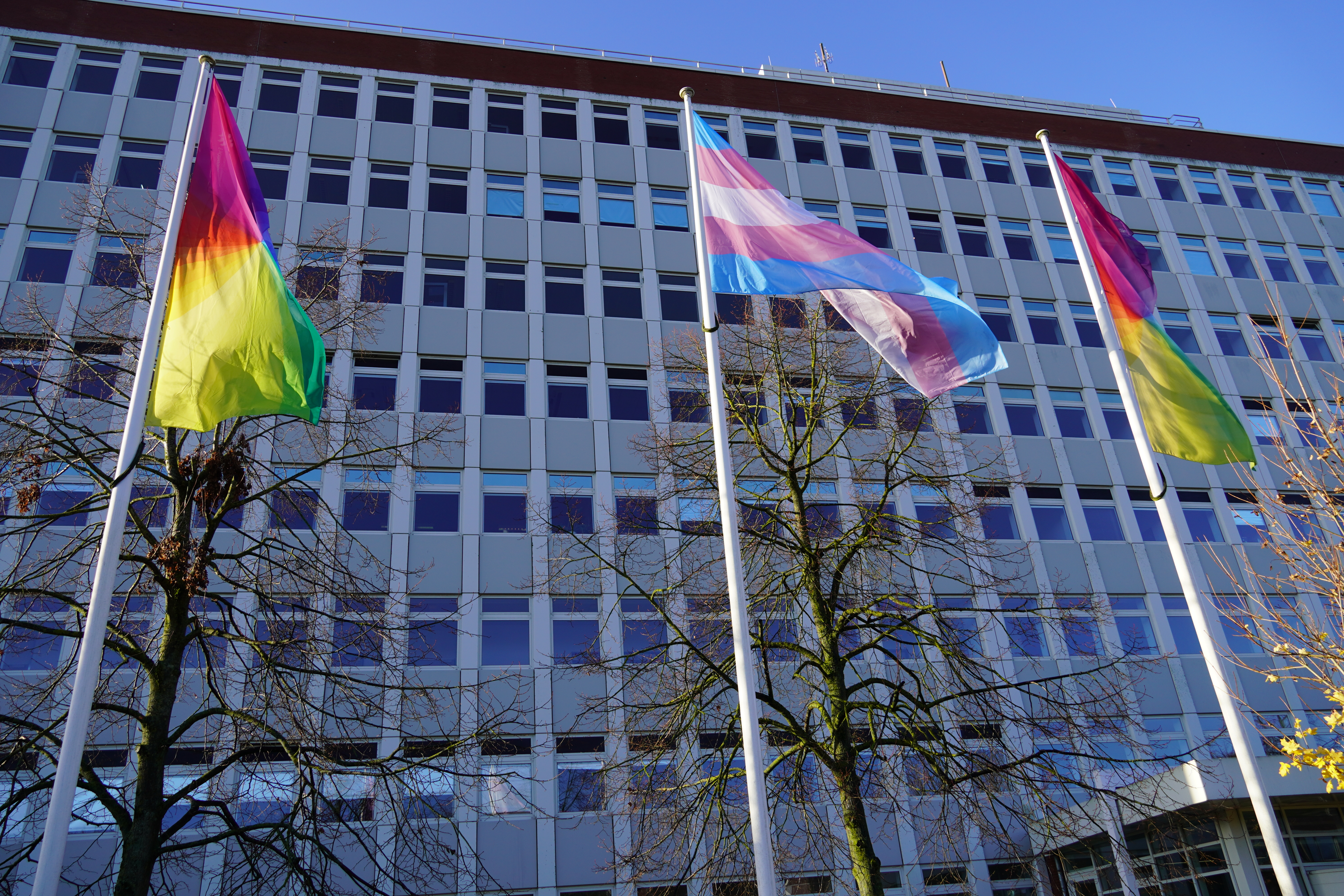 Ein Zeichen der Solidarität, für Vielfalt und gegen Queerfeindlichkeit an der FH Kiel: Zwei Regenbogenfahnen und die Trans*-Fahne.
