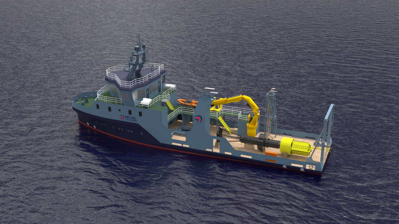 Eine 3D-Grafik eines Service-Schiffs für Offshoreplattformen