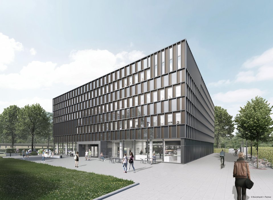 Das viergeschossige Bibliothekarische Lernzentrum wird Ausdruck von Offenheit und Kommunikation. Das viergeschossige Bibliothekarische Lernzentrum wird Ausdruck von Offenheit und Kommunikation.